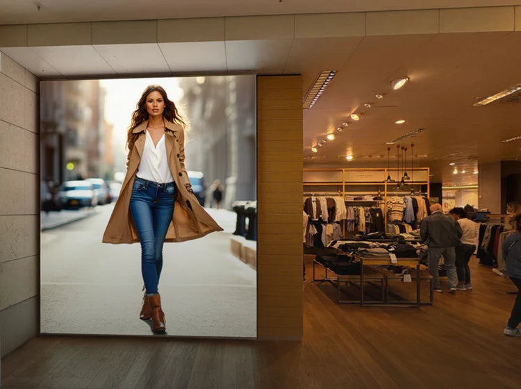 LED-Wandbild im Retailbereich mit Modekampagne, integriert in ein modernes Bekleidungsgeschäft.