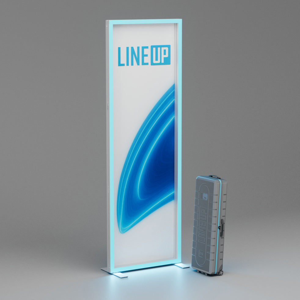 LINE UP LED Messewand mit leuchtendem Textildruck und ABS-Transportkoffern.