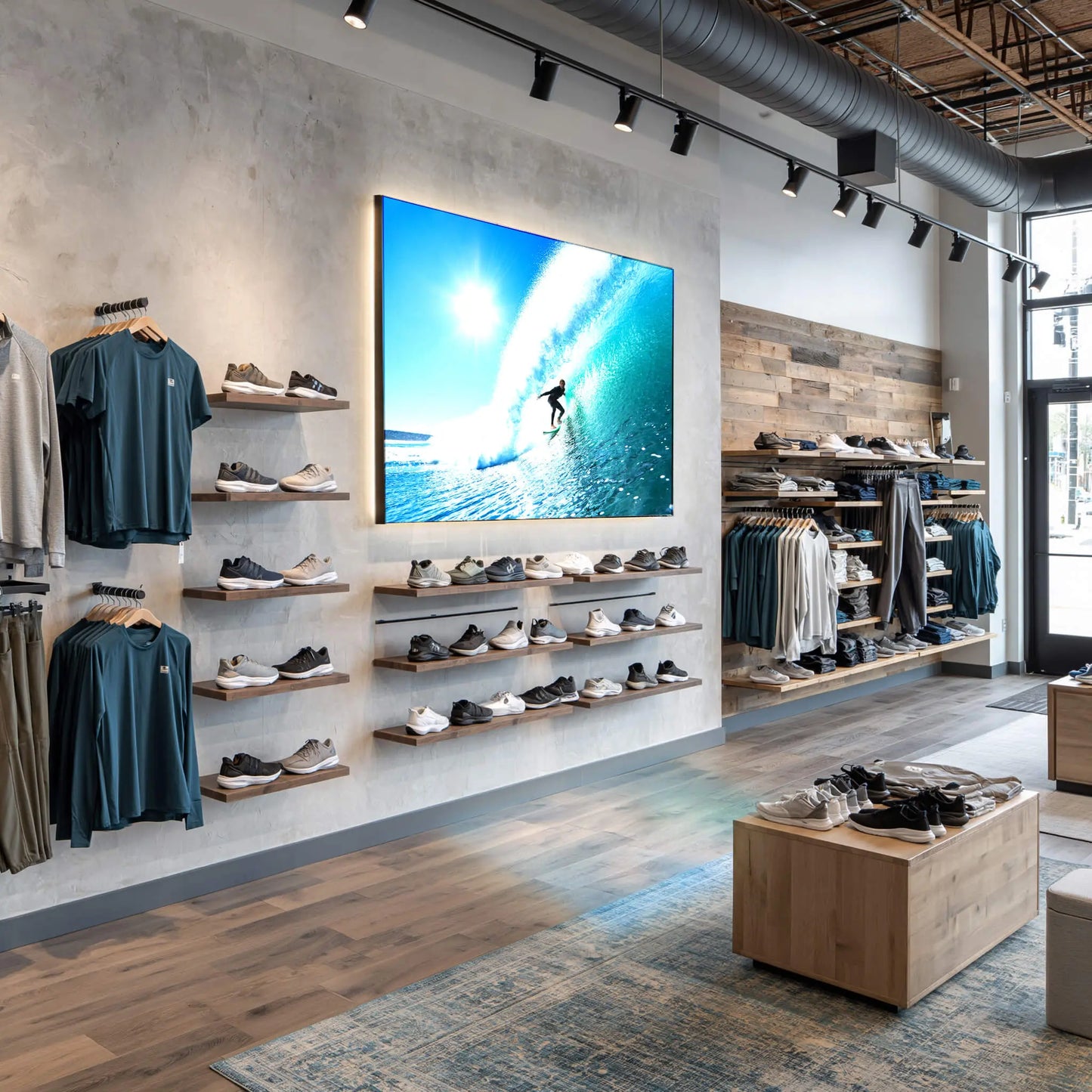 Lichtwand-Lummea Core Rahmen mit dynamischem Surfmotiv im modernen Einzelhandel zur emotionalen Markeninszenierung. Hochwertige Präsentationsfläche für Shopfitting und Verkaufsräume