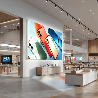 LUMMEA Core Lichtwand mit großflächigem Produktmotiv im modernen Elektronikgeschäft zur gezielten Markeninszenierung. Hochwertige Präsentationsfläche für Einzelhandel und Shopfitting