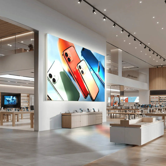 LUMMEA Core Lichtwand mit großflächigem Produktmotiv im modernen Elektronikgeschäft zur gezielten Markeninszenierung. Hochwertige Präsentationsfläche für Einzelhandel und Shopfitting