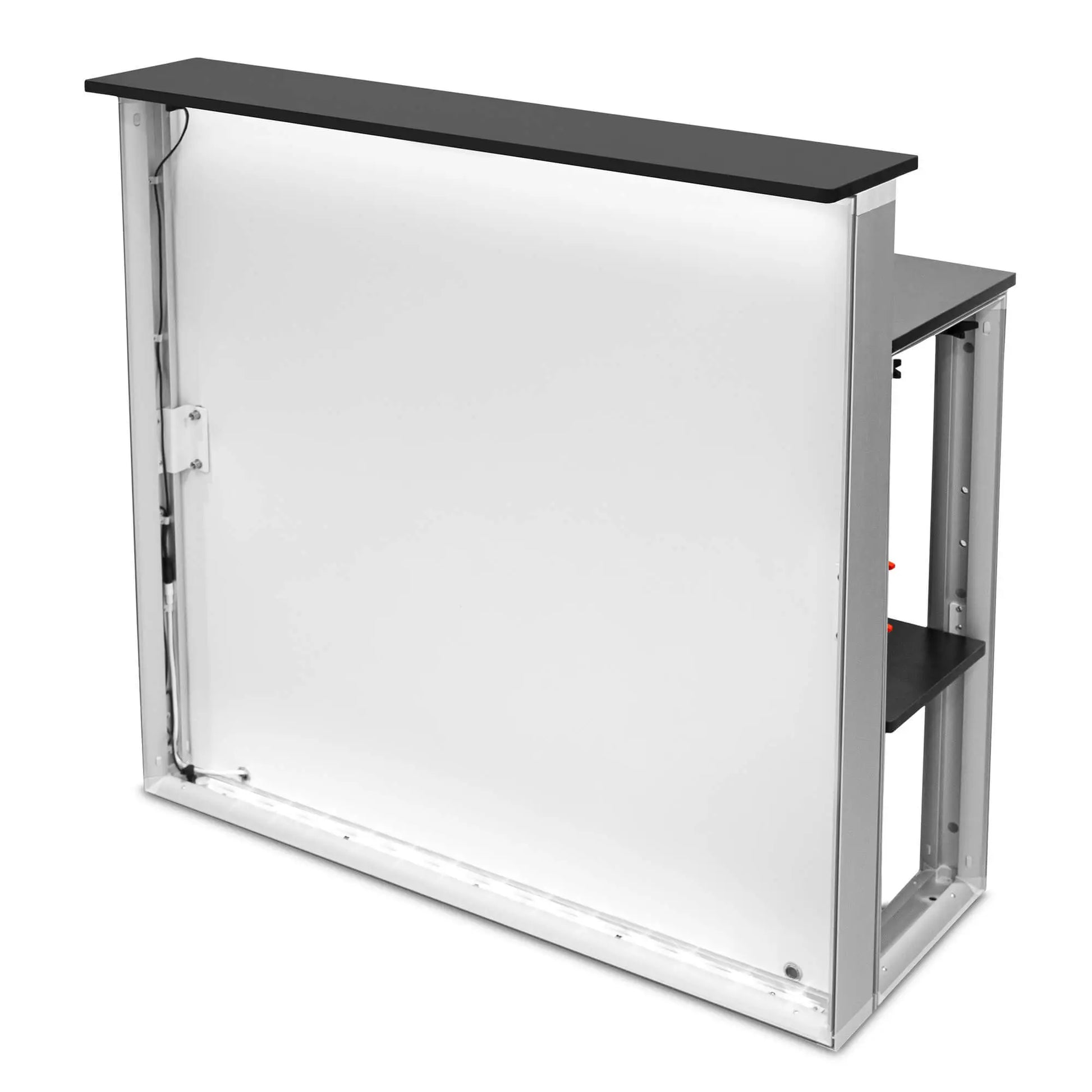 Vorderansicht der LED-Messetheke Lightbox Flex ohne Stoffbanner