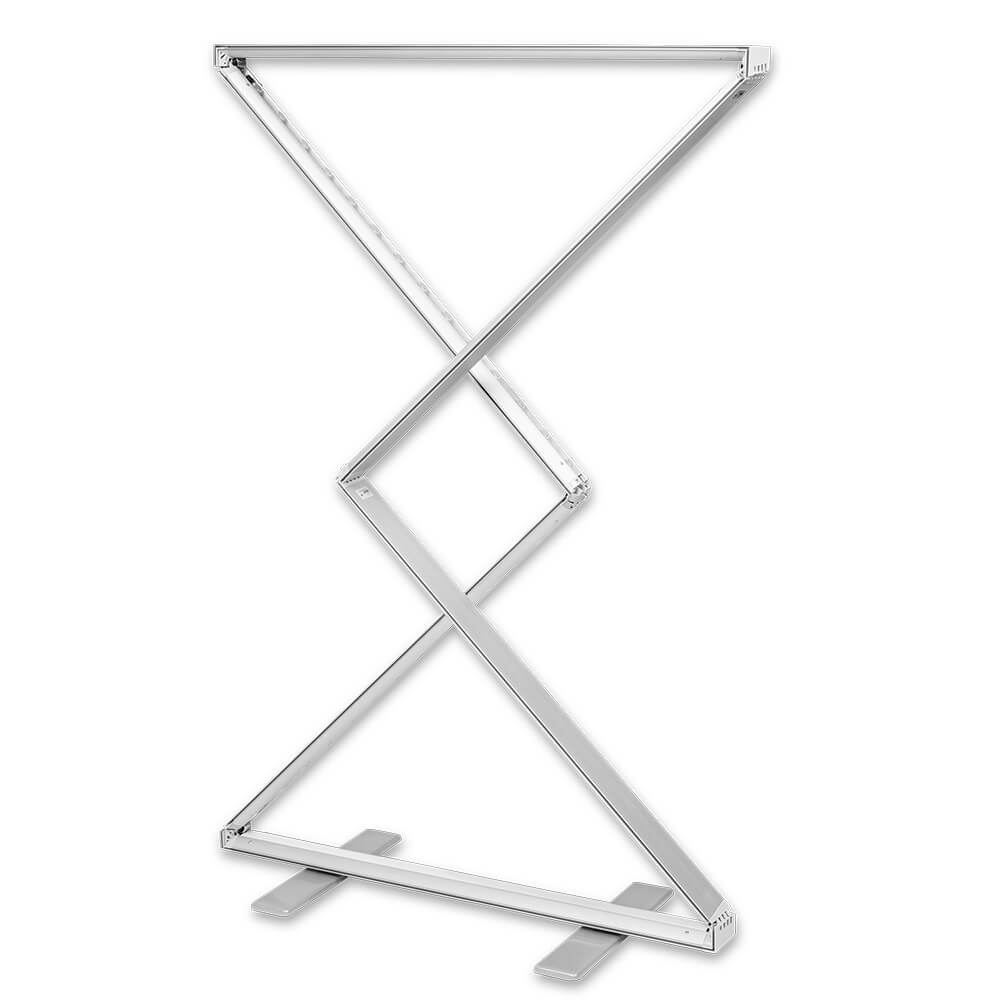 Faltmechanismus der beleuchteten Messestele Lightbox Fold 2go ohne Textilbespannung vor weißem Hintergrund