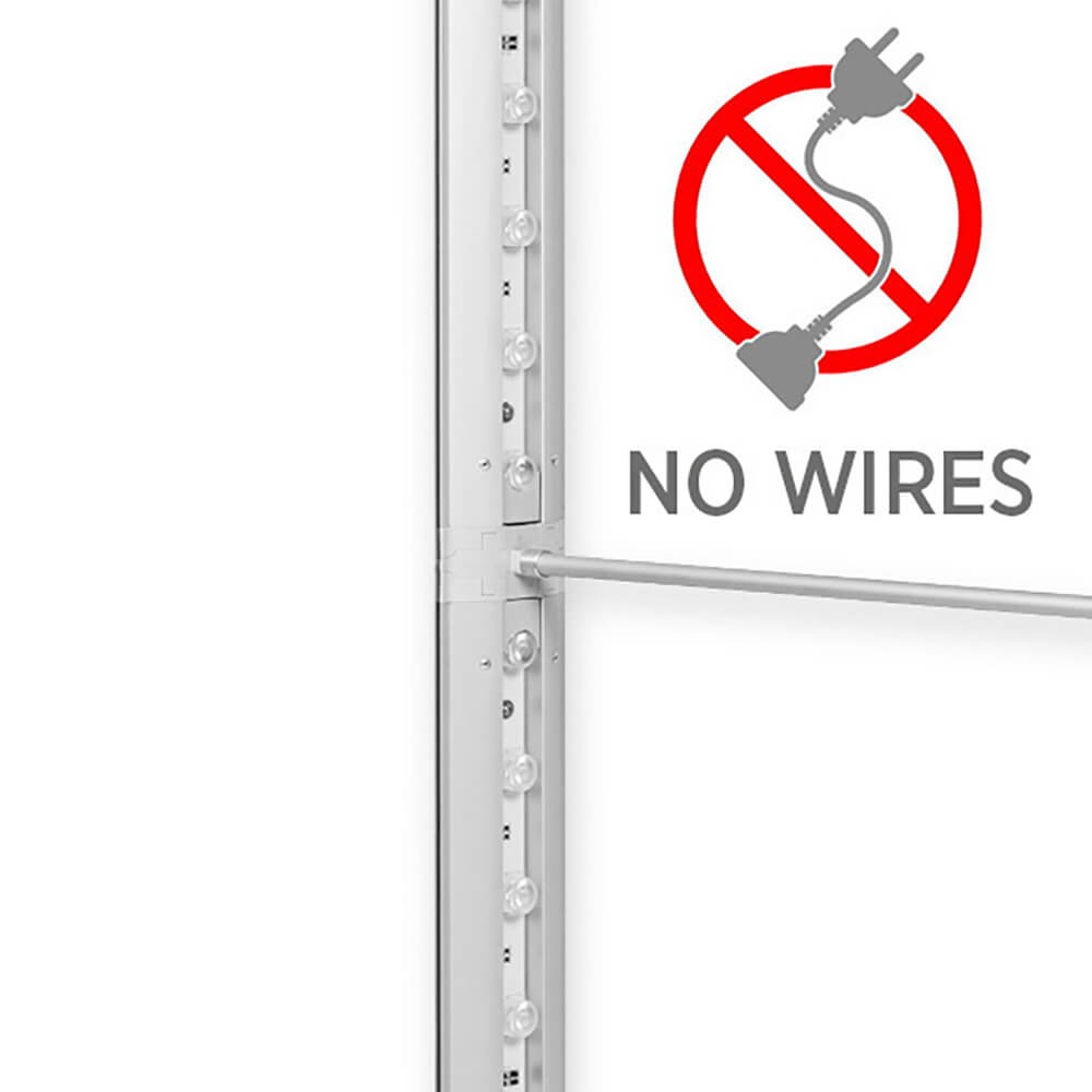 Symbol "no wires" neben der beleuchteten Messestele Lightbox Fold 2go ohne Textilbespannung vor weißem Hintergrund