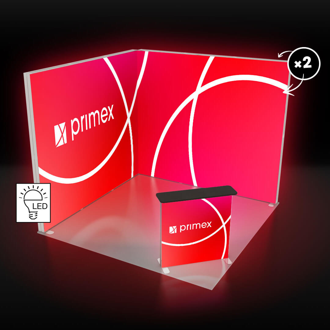 Eckstand Ansicht der beleuchteten Messetheke und Messewände Lightbox Pro 2go mit roter Textilbespannung 
