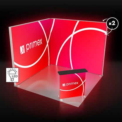Eckstand Ansicht der beleuchteten Messetheke und Messewände Lightbox Pro 2go mit roter Textilbespannung 