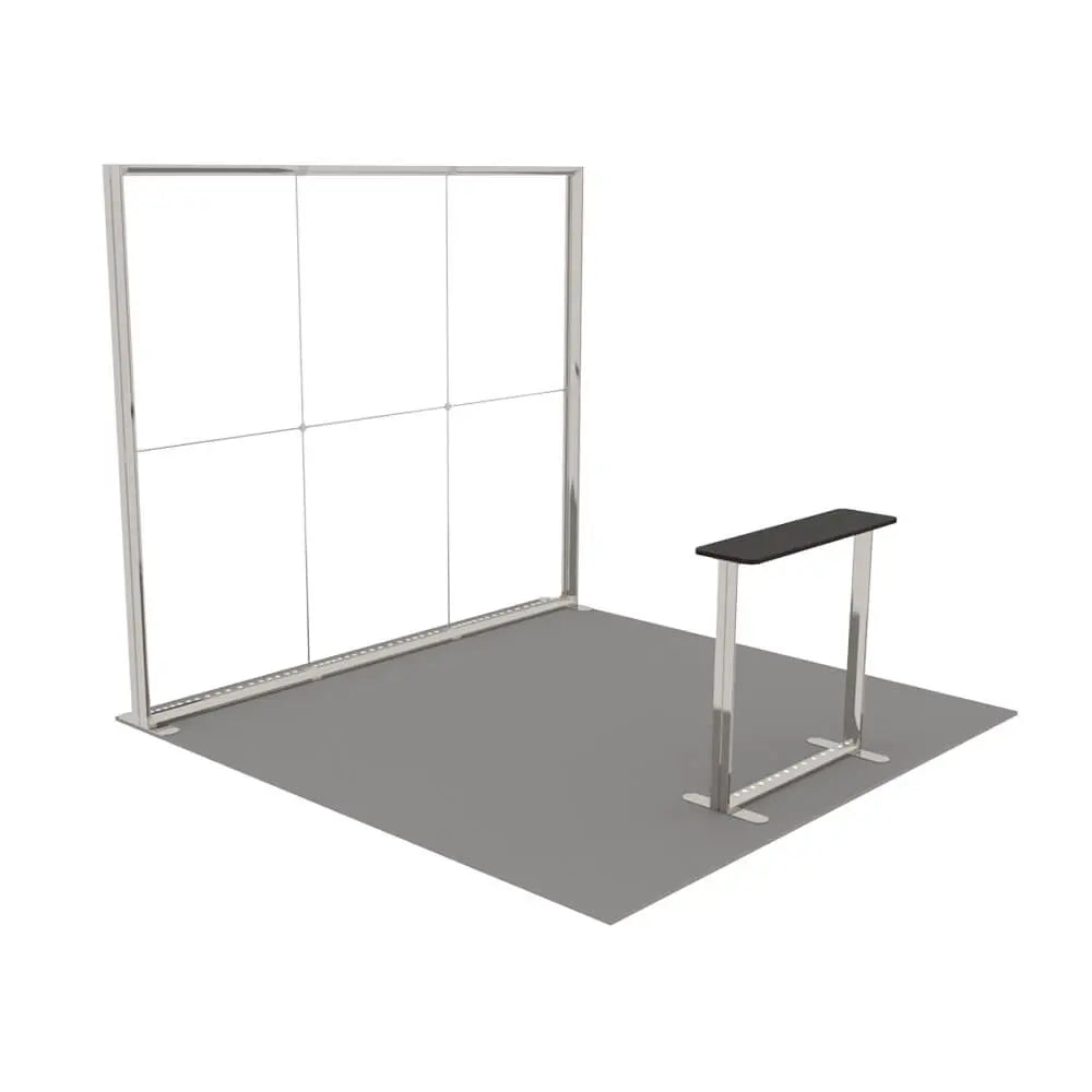 Ansicht der beleuchteten Messetheke und Messewand Lightbox Pro 2go ohne Stoffbespannung.