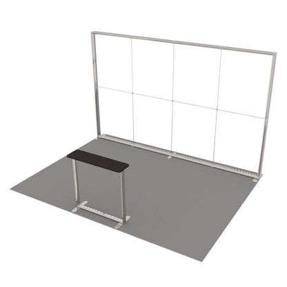 Ansicht der beleuchteten Messetheke und Messewand Lightbox Pro 2go ohne Textilbespannung 