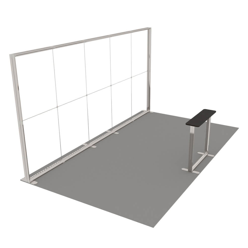 Ansicht der beleuchteten Messetheke und Messewand Lightbox Pro 2go ohne Textilbespannung 