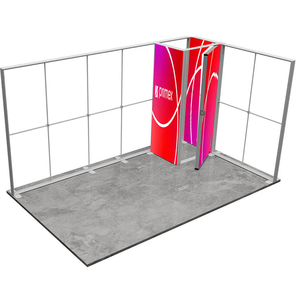 Darstellung der Lightbox ‚Pro 2 Go‘ Messekabine mit rotem Textildruck und Primex-Logo.