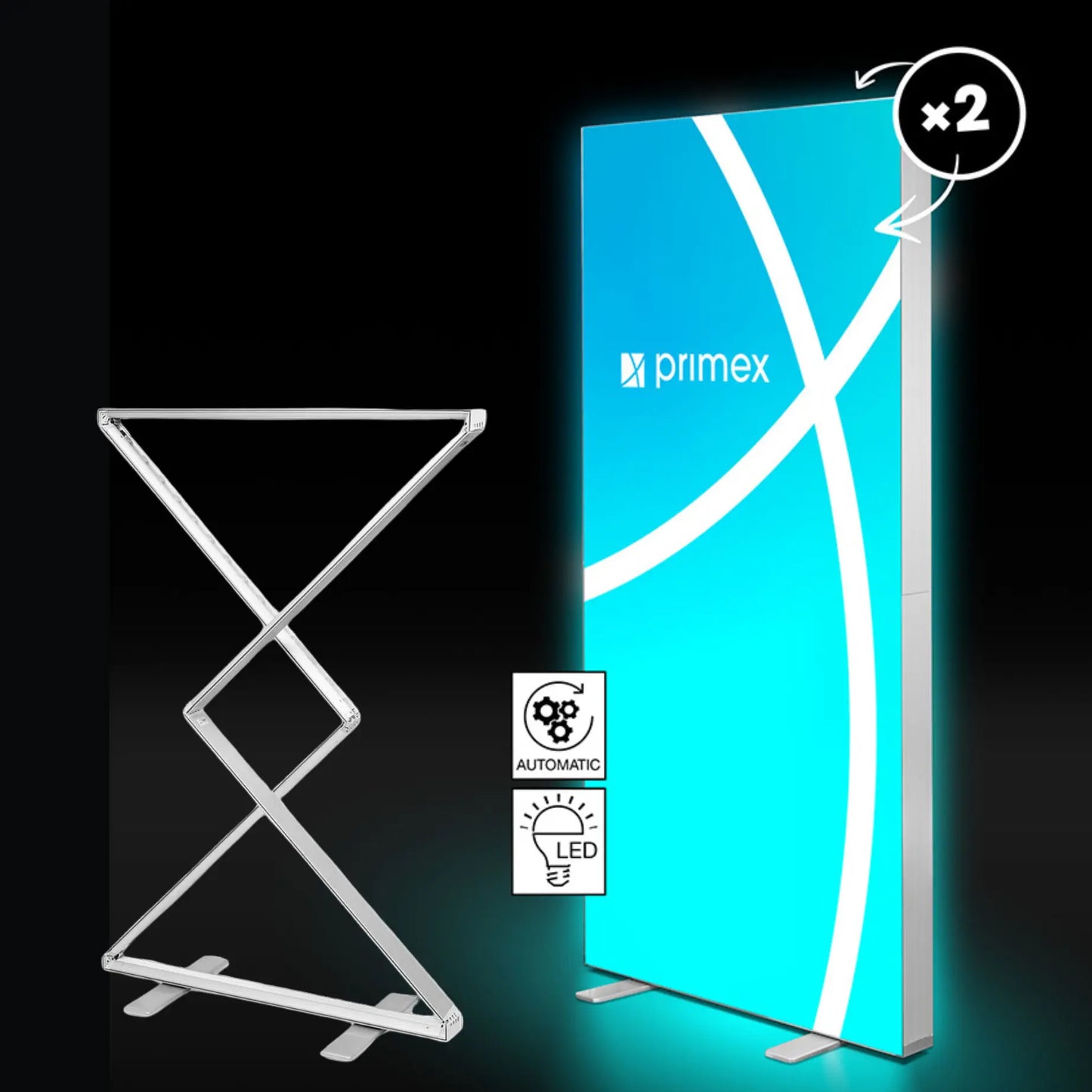 LED Messewand Lightbox Fold 2Go mit faltbarem Aluminiumrahmen und hinterleuchtetem Stoffbanner für mobile Präsentationen
