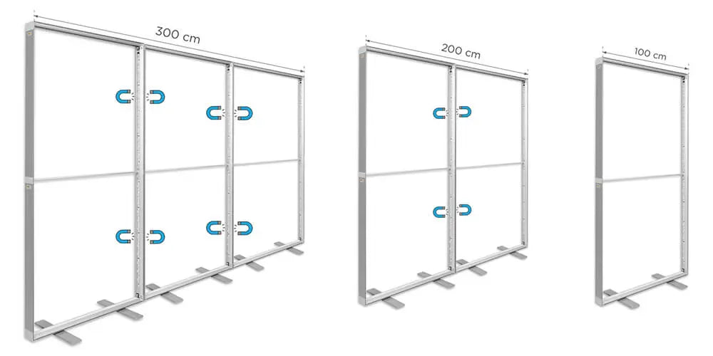 Messewand Lightbox Fold 2 go - Mehrere Messewände ohne Stoffbanner hintereinander aufgestellt und durch integrierte Magnetverbindungen im Profil miteinander verbunden.
