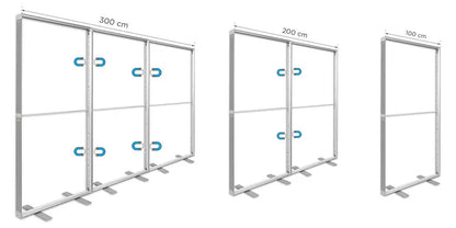 Messewand Lightbox Fold 2 go - Mehrere Messewände ohne Stoffbanner hintereinander aufgestellt und durch integrierte Magnetverbindungen im Profil miteinander verbunden.
