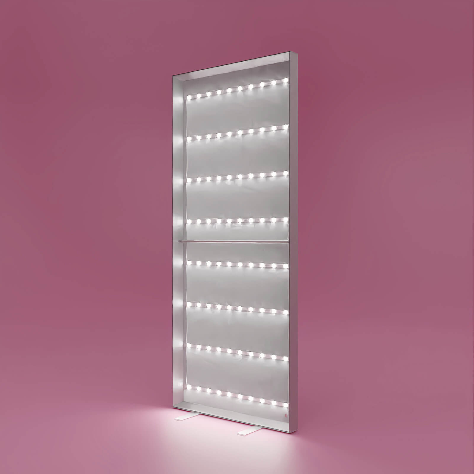 Beleuchteter PIXLIP POP Rahmen auf rosa Hintergrund ohne textildruck – freistehend mit LED-Licht für hinterleuchtete Werbegrafiken.
