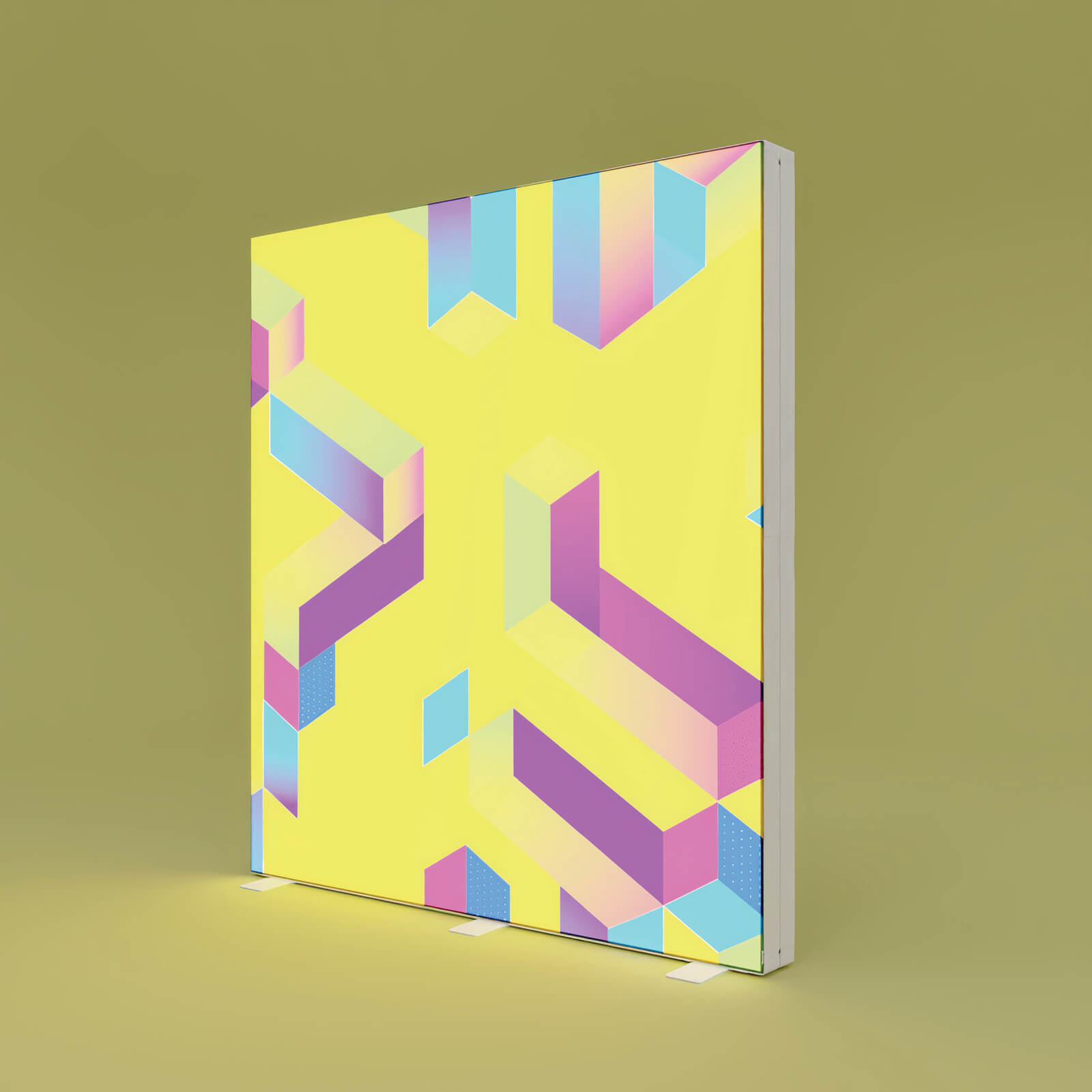 Beleuchtete PIXLIP GO Messewand mit farbenfrohem Textildruck in Gelb und geometrischem Design, montiert in einem stabilen Aluminiumrahmen.