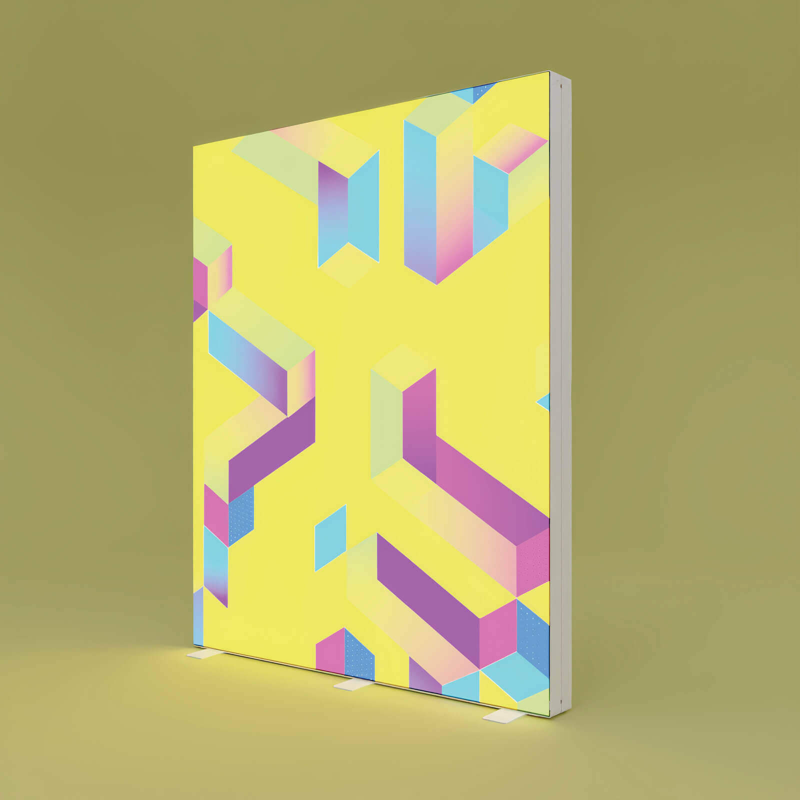 Beleuchtete PIXLIP GO Messewand mit farbenfrohem Textildruck in Gelb und geometrischem Design, montiert in einem stabilen Aluminiumrahmen.