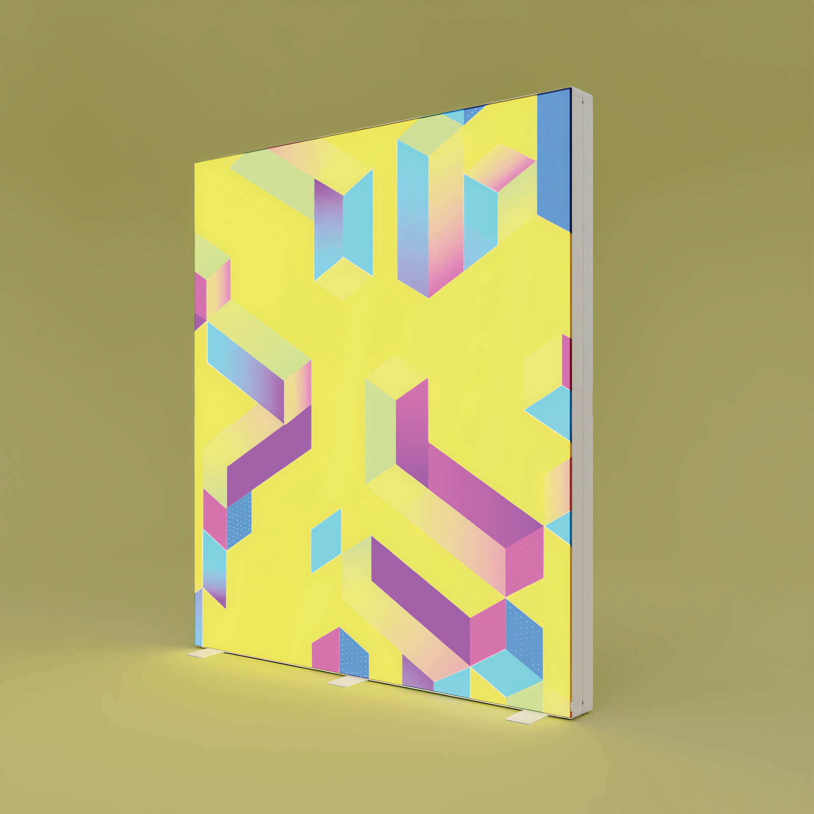 Beleuchtete PIXLIP GO Messewand mit farbenfrohem Textildruck in Gelb und geometrischem Design, montiert in einem stabilen Aluminiumrahmen.