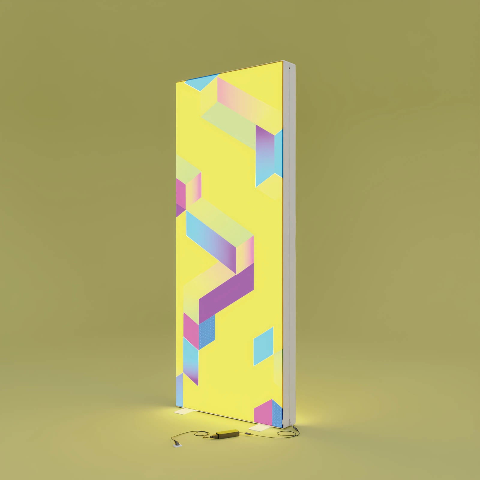Beleuchtete PIXLIP GO Messewand mit farbenfrohem Textildruck in Gelb und geometrischem Design, montiert in einem stabilen Aluminiumrahmen.