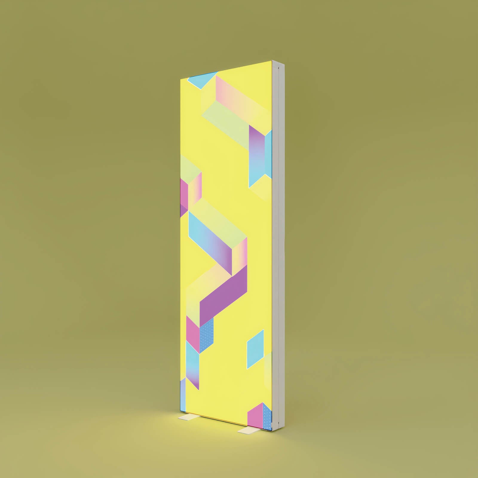 Beleuchtete, freistehende PIXLIP GO Messwand mit gelbem Textildruck und farbenfrohem geometrischem Design.