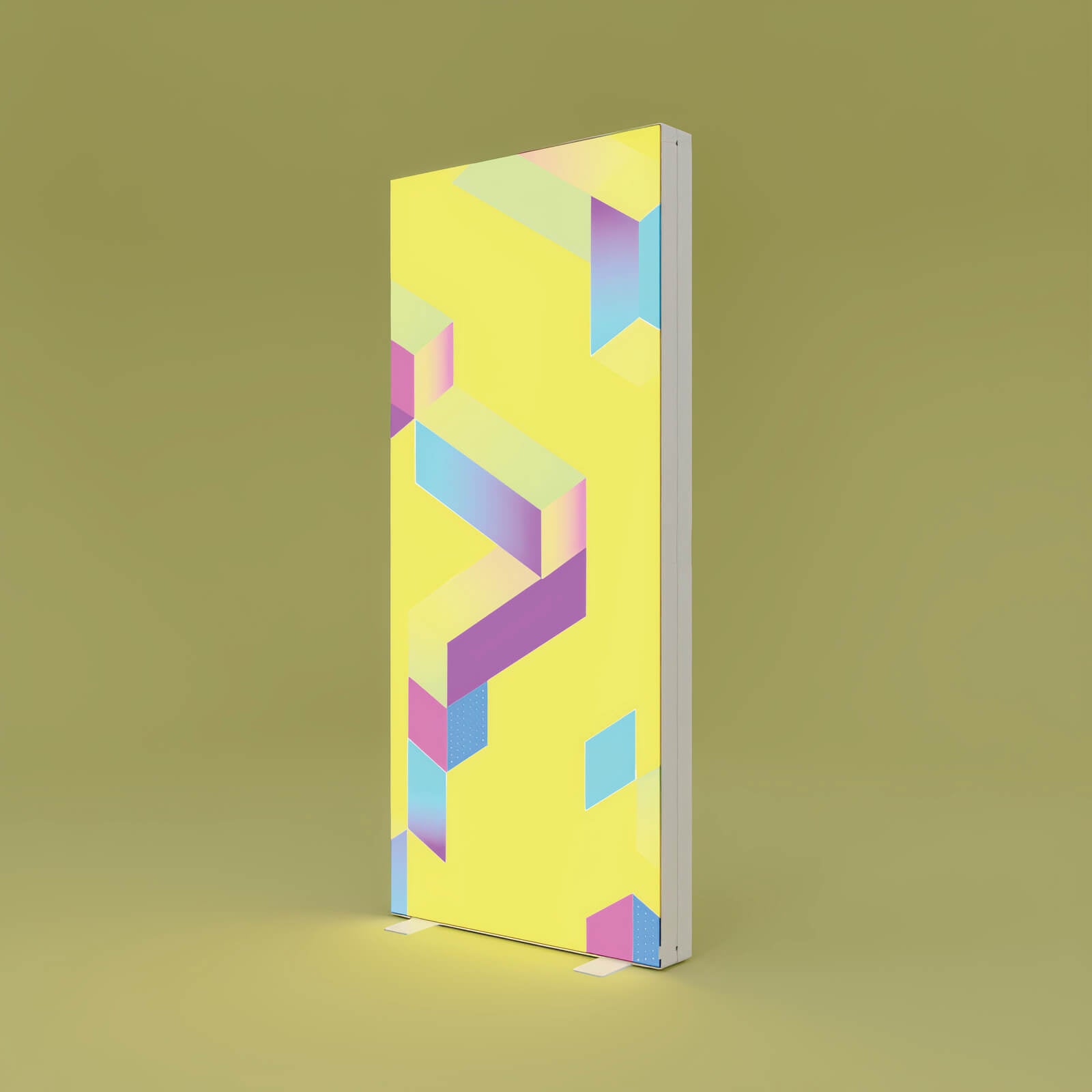 Beleuchtete PIXLIP GO Messewand mit farbenfrohem Textildruck in Gelb und geometrischem Design, montiert in einem stabilen Aluminiumrahmen.