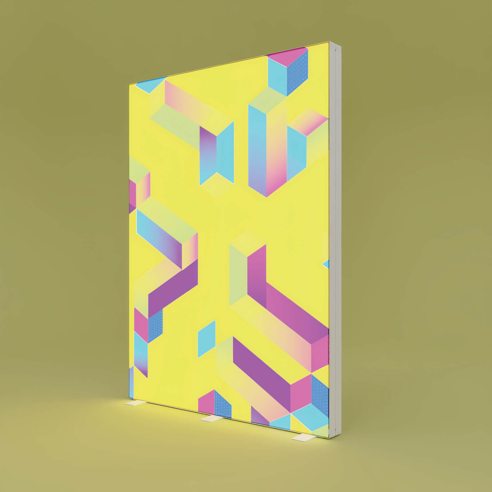 Beleuchtete, freistehende PIXLIP GO Messwand mit gelbem Textildruck und farbenfrohem geometrischem Design in gelb, blau und lila