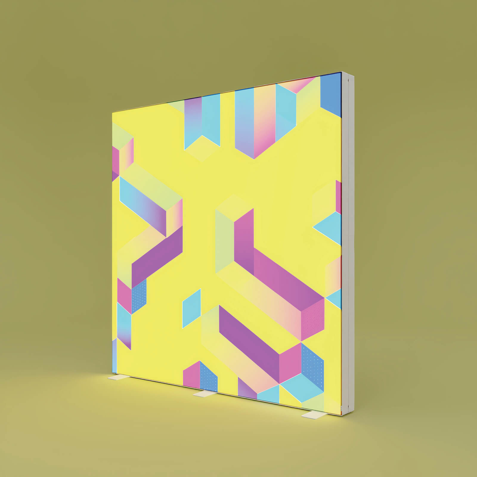Beleuchtete, freistehende PIXLIP GO Messwand mit gelbem Textildruck und farbenfrohem geometrischem Design in gelb, blau und lila .