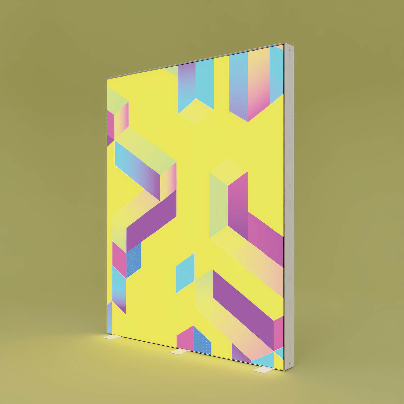Beleuchtete, freistehende PIXLIP GO Messwand mit gelbem Textildruck und farbenfrohem geometrischem Design.