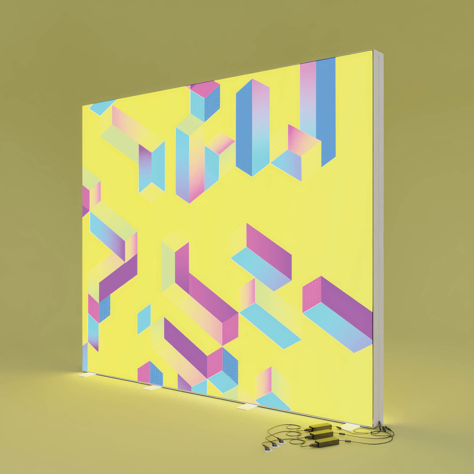 Beleuchtete, freistehende PIXLIP GO Messwand mit gelbem Textildruck und farbenfrohem geometrischem Design.