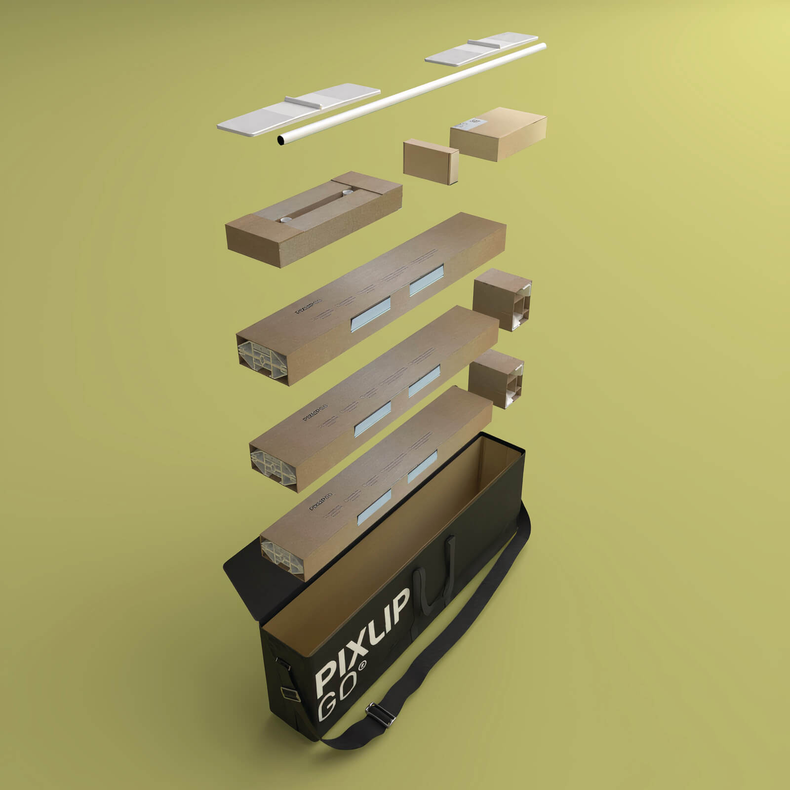 Explosionsdarstellung einer PIXLIP GO Tragetasche mit sämtlichen Komponenten eines Messesystems, ordentlich verpackt und für den Transport vorbereitet.