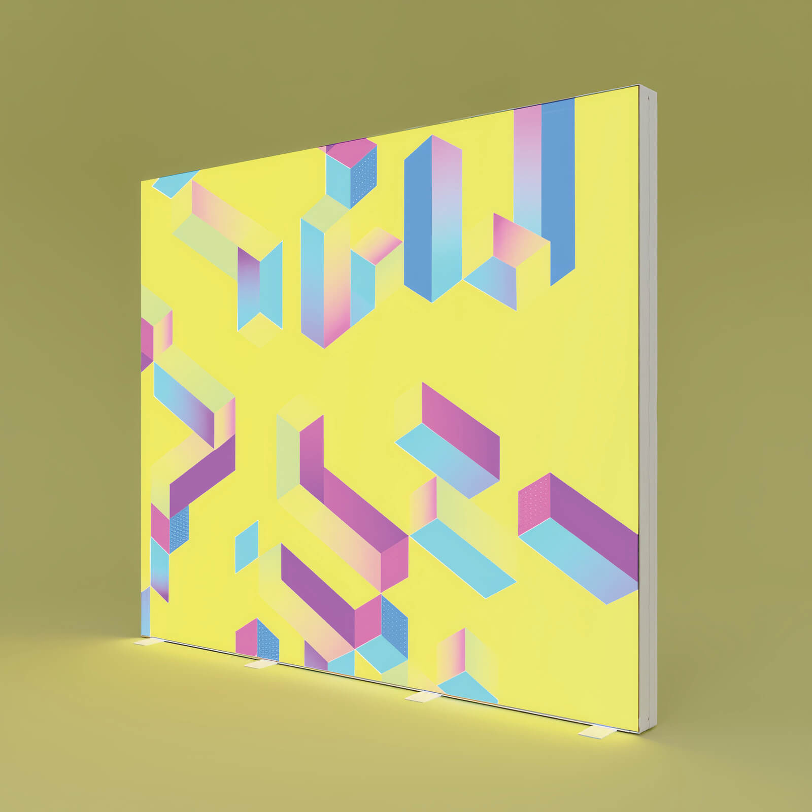 Beleuchtete PIXLIP GO Messewand mit farbenfrohem Textildruck in Gelb und geometrischem Design, montiert in einem stabilen Aluminiumrahmen.