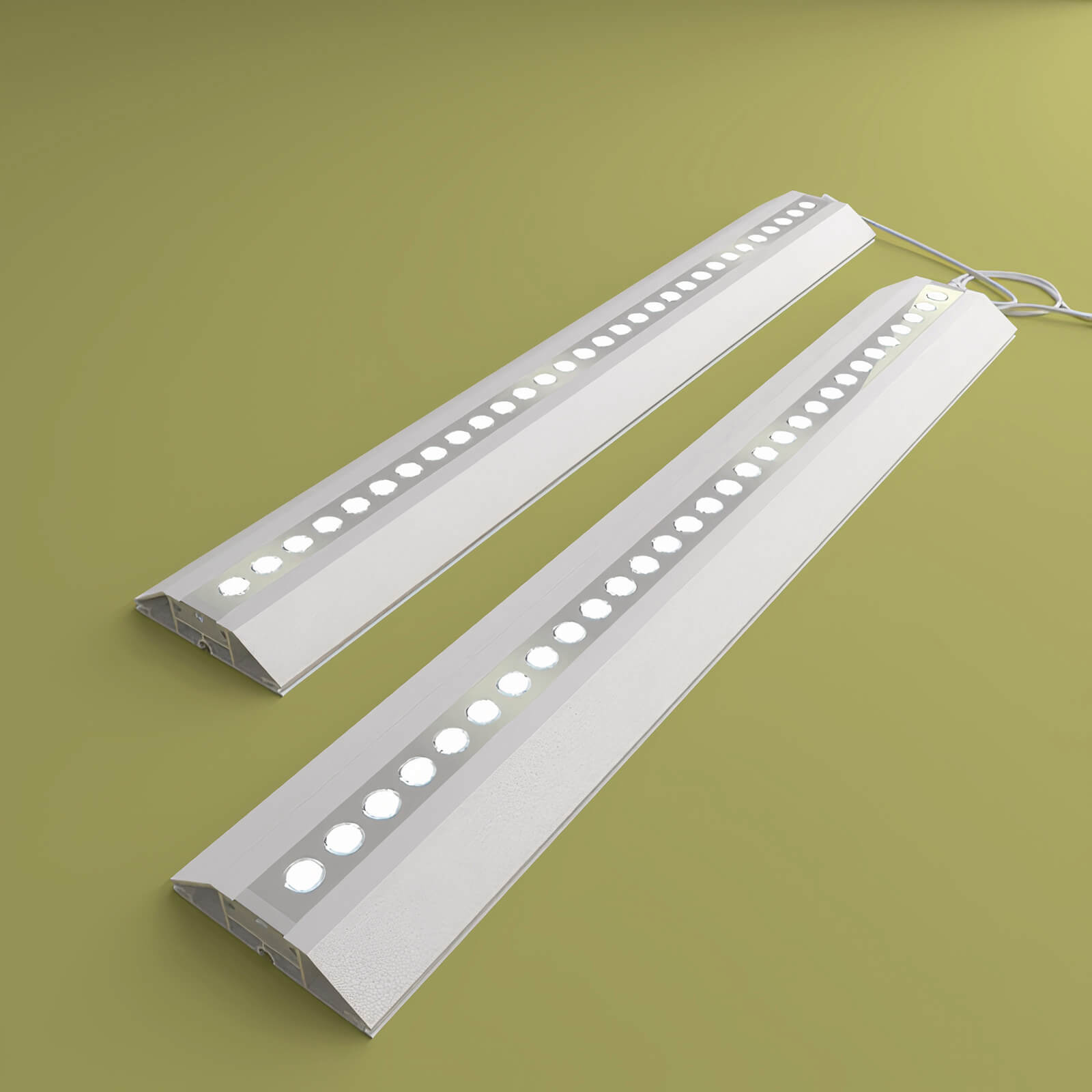 Zwei längliche PIXLIP GO LED-Profile mit integrierter Beleuchtung, gleichmäßig angeordneten Lichtpunkten und Anschlusskabeln zur Stromversorgung.