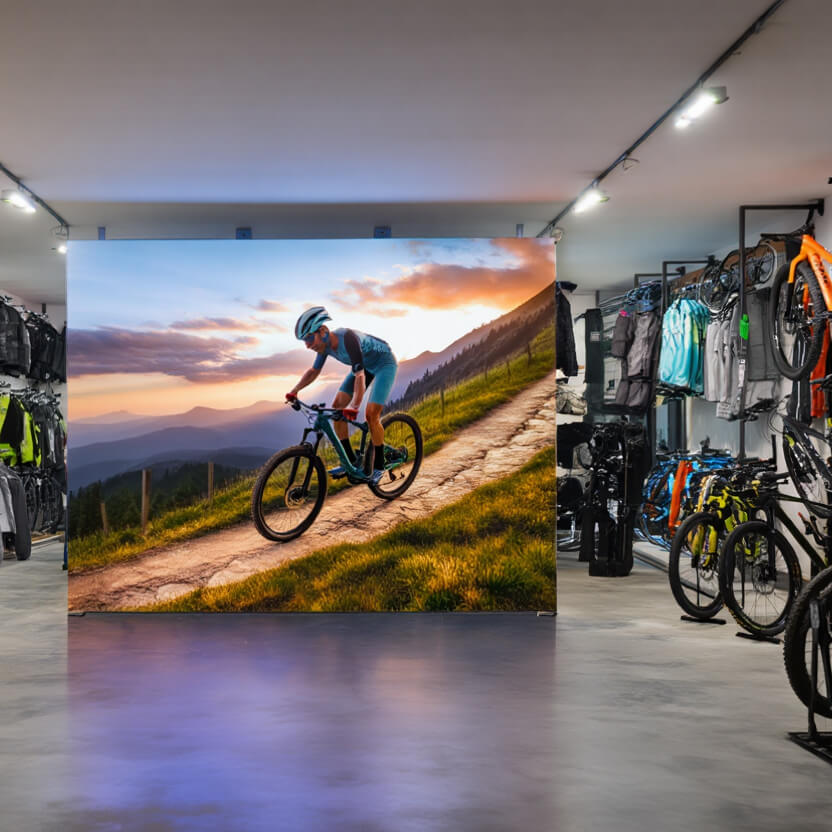 Beleuchtete Messewand Lightbox Wall 2go mit beidseitigem Textildruck in einem Fahrrad laden.