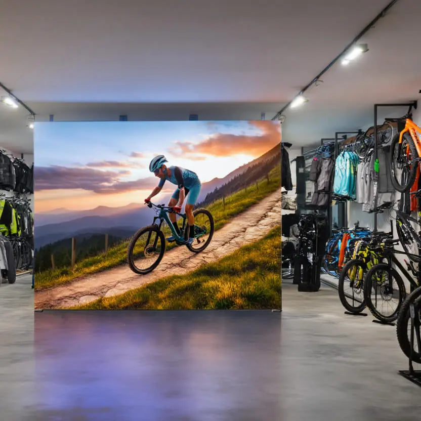 Beleuchtete Messewand Lightbox Wall 2go mit beidseitigem Stoffbanner in einem Fahrrad laden.