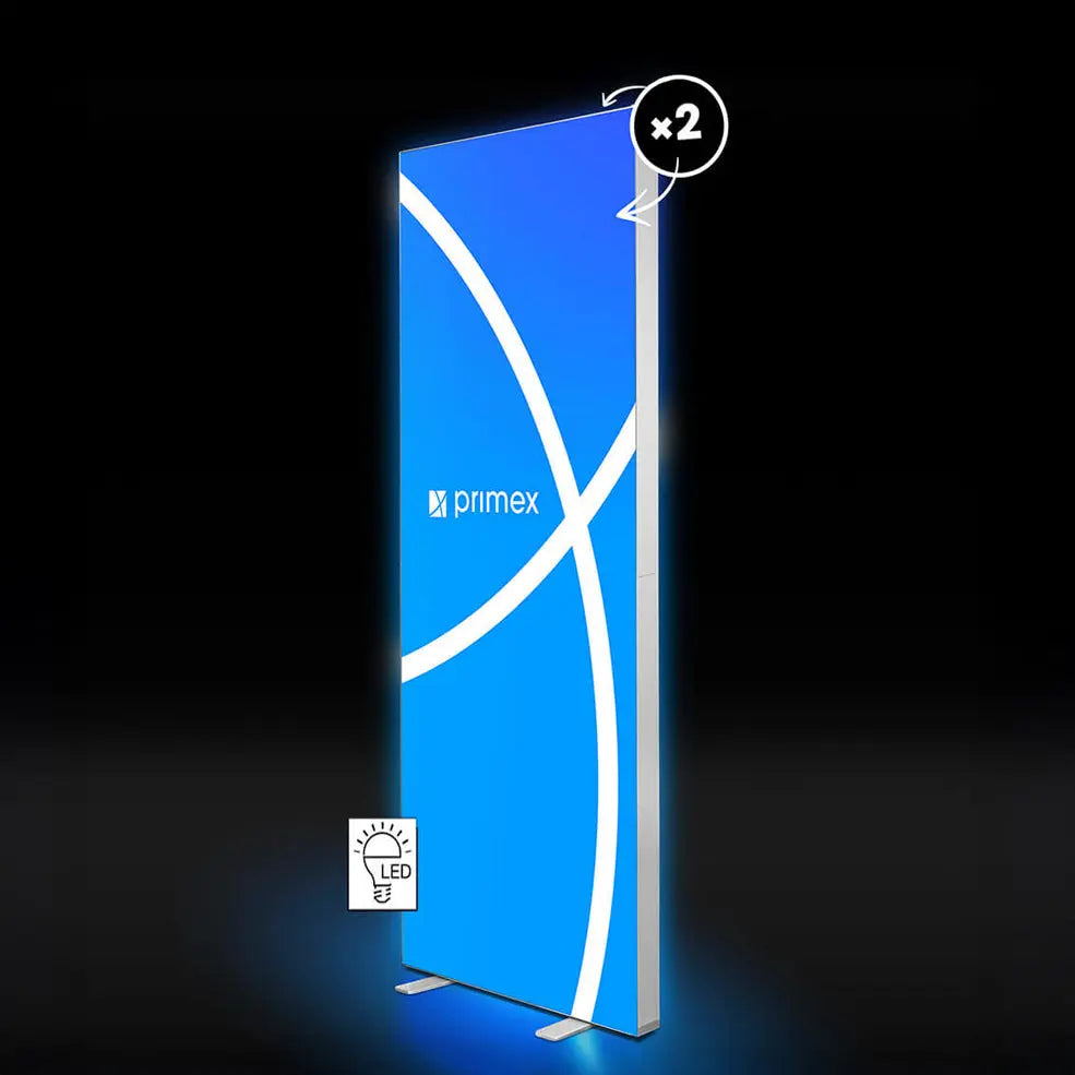 Kompakte LED-Messewand Primex LIGHTBOX FLEX 2go - SLIM  in 85x200 cm Ausführung mit blauem Textildruck