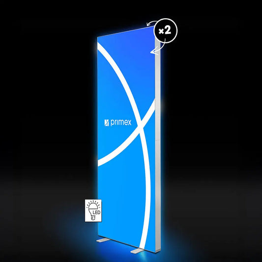Kompakte LED-Messewand Primex LIGHTBOX FLEX 2go - SLIM  in 85x200 cm Ausführung mit blauem Textildruck