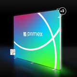 Beleuchtete Messewand Lightbox Wall 2go mit beidseitigem Stoffbanner vor schwarzer Wand.