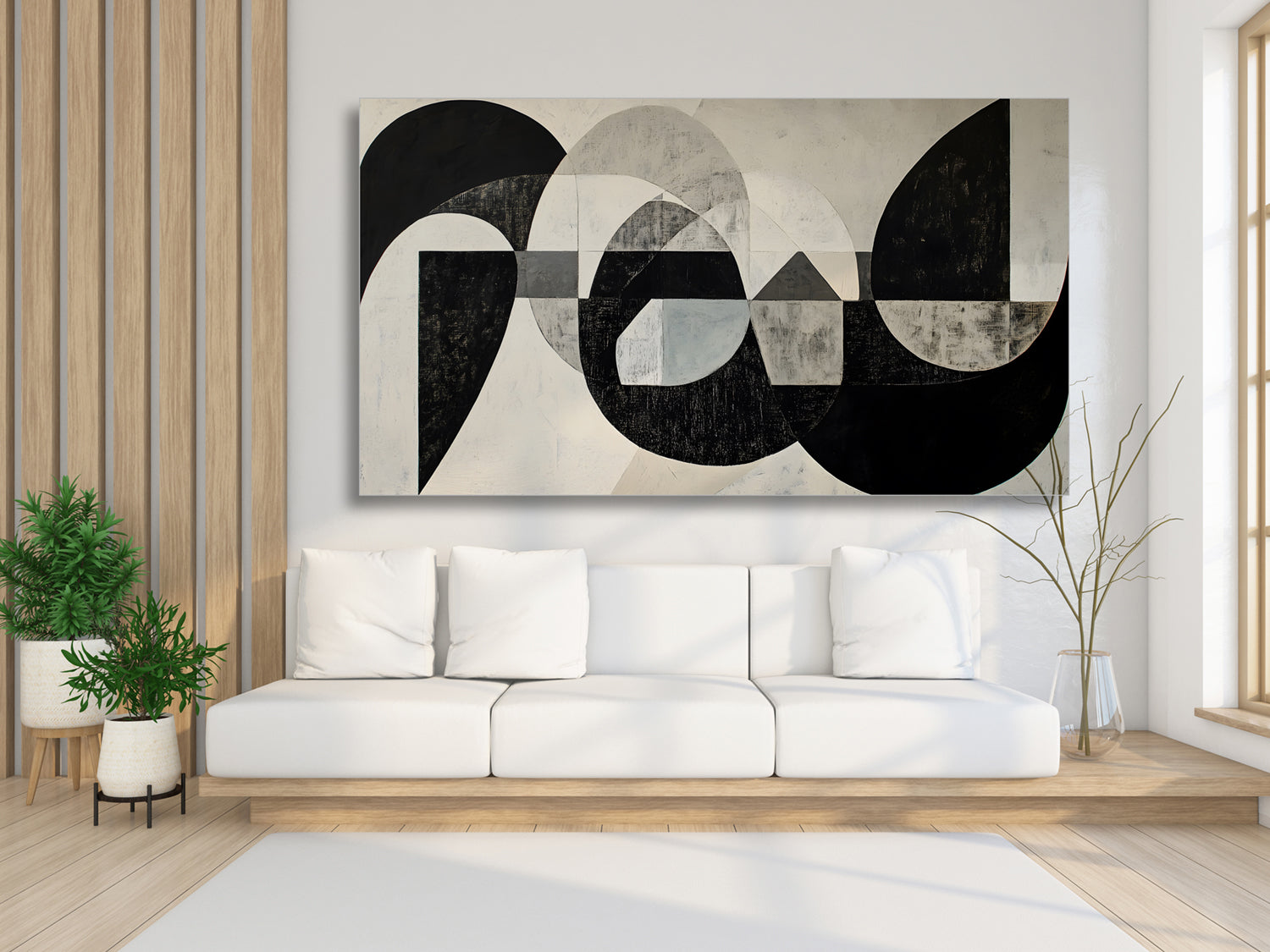 Großformatiges Akustikbild mit abstraktem Motiv über einem Sofa in modernem Wohnambiente zur dekorativen Verbesserung der Raumakustik.