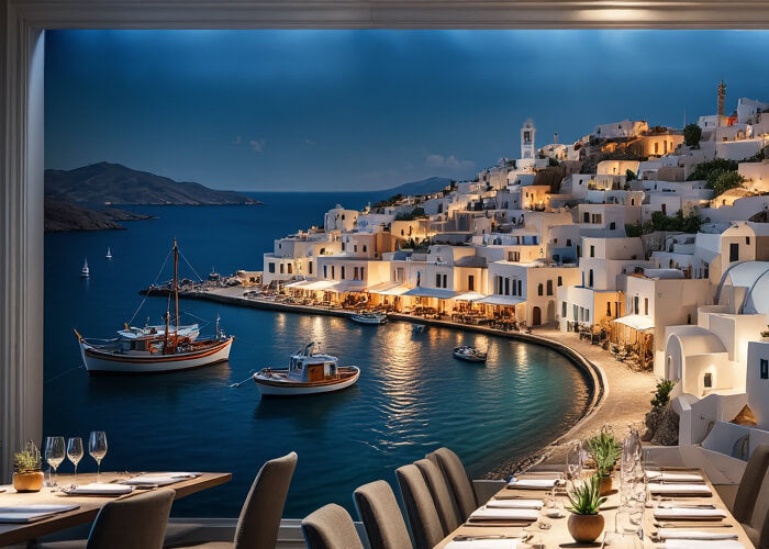 Restaurantbereich mit einer großformatigen LED-Wand, die eine stimmungsvolle Abendansicht von Santorini zeigt – weiße Häuser, blaue Kuppeln und ein ruhiger Hafen mit Booten.