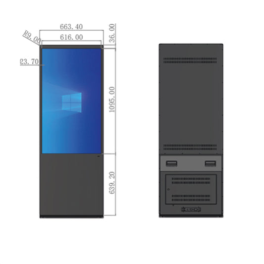 Vorder und Rückseite der Digital Signage Info-Stele mit Bemaßung