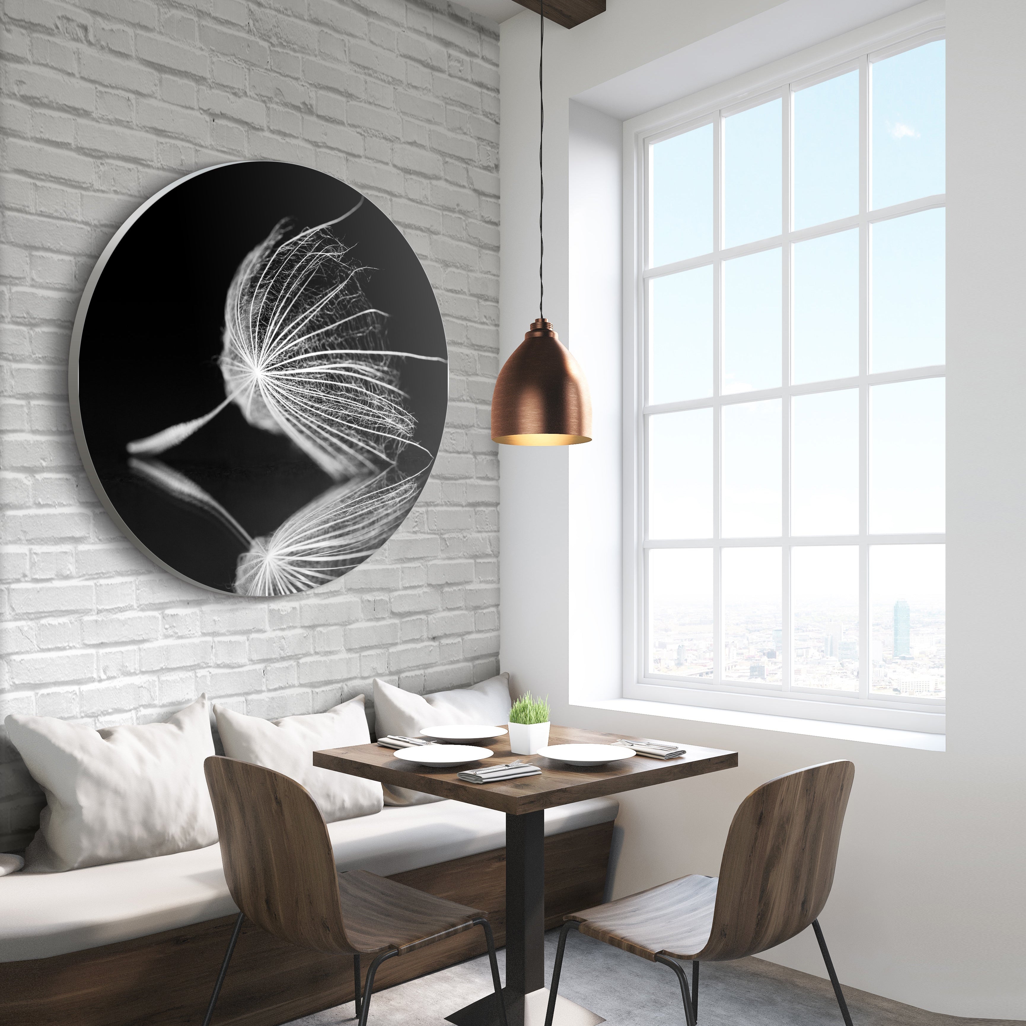 Rundes Akustikbild mit schwarzem Hintergrund und einer Pusteblume Motiv im Gastronomie- und Restaurantbereich.