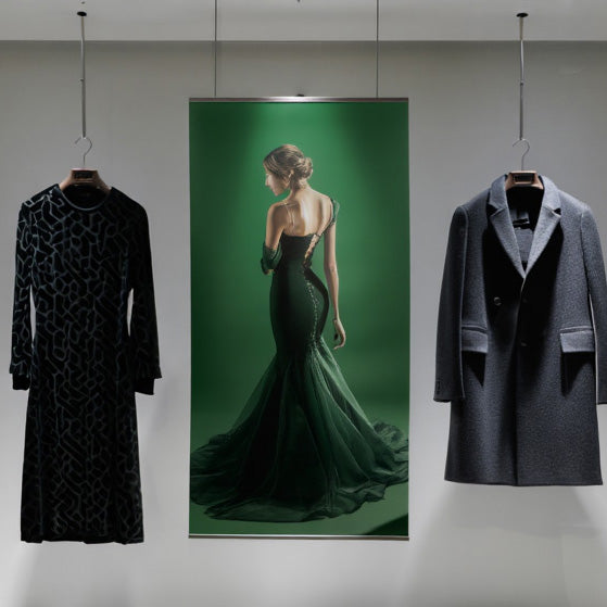 Deckenhänger Eco Grade mit Fashion-Motiv im Modegeschäft. Hochwertige Präsentationslösung für Einzelhandel