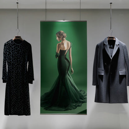 Deckenhänger Eco Grade mit Fashion-Motiv im Modegeschäft. Hochwertige Präsentationslösung für Einzelhandel