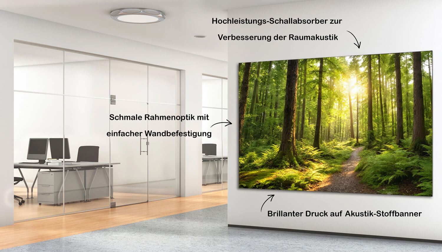 Akustikrahmen mit Waldmotiv in einem Büroflur als Hochleistungs-Schallabsorber zur Reduzierung von Nachhall und Verbesserung der Akustik im Raum.