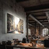 Integra Leuchtrahmen mit urbanem Straßenmotiv in einem industriellen Büroloft. Großformatige, gleichmäßig ausgeleuchtete Fläche sorgt für visuelle Tiefe und setzt einen atmosphärischen Akzent im Arbeitsumfeld.