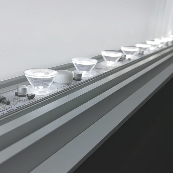 Nahaufnahme eines LED-Rahmenmoduls in silberner Rahmenfarbe mit sichtbaren Leuchtdioden und klaren Linsen.