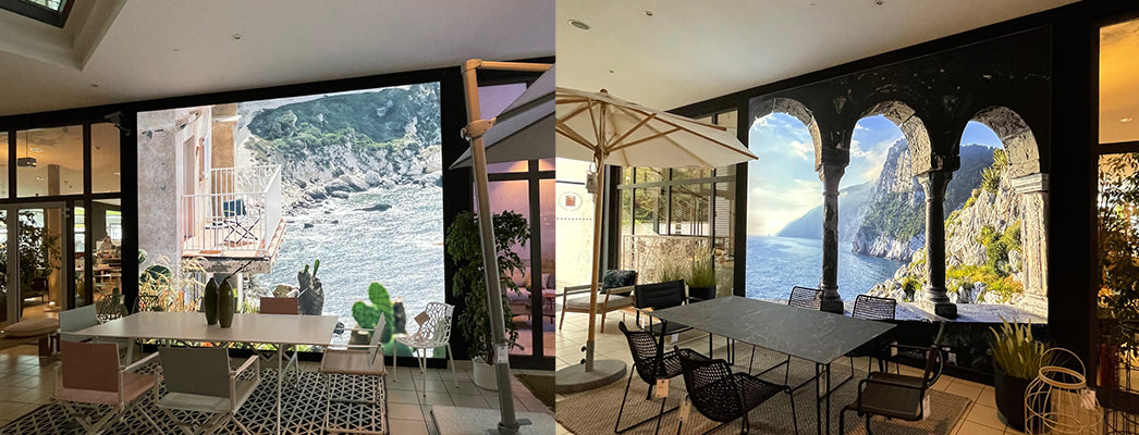 Lichtwand auf Maß gefertig in einer Schräge angepasst mit einem Urlaubsmotiv das eine optische Täuschung erzeugt.