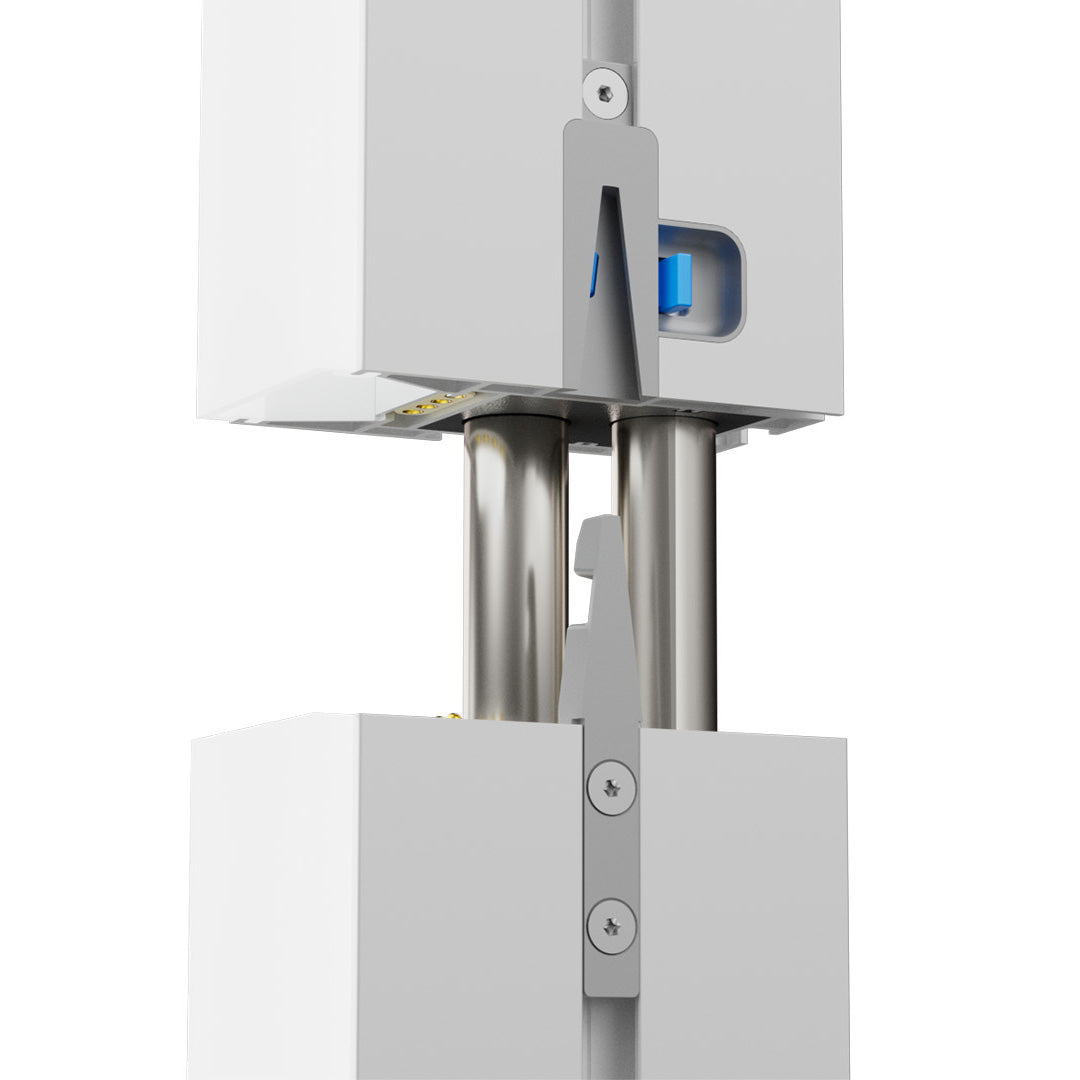 Detailansicht des V-Lock Profilverbinders für schnelle Montage der LINE UP LED Messewand.