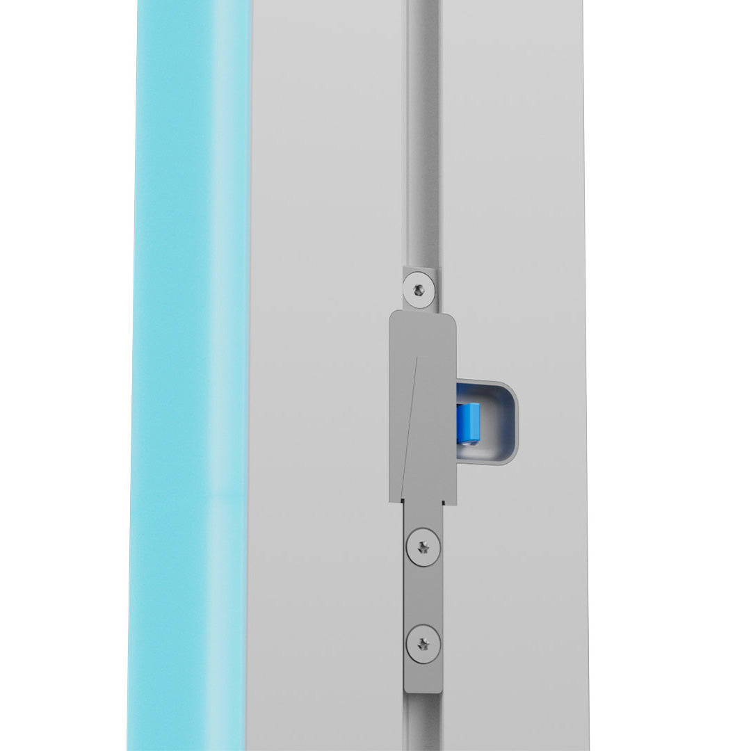 Detailansicht des V-Lock Profilverbinders für schnelle Montage der LINE UP LED Messewand.