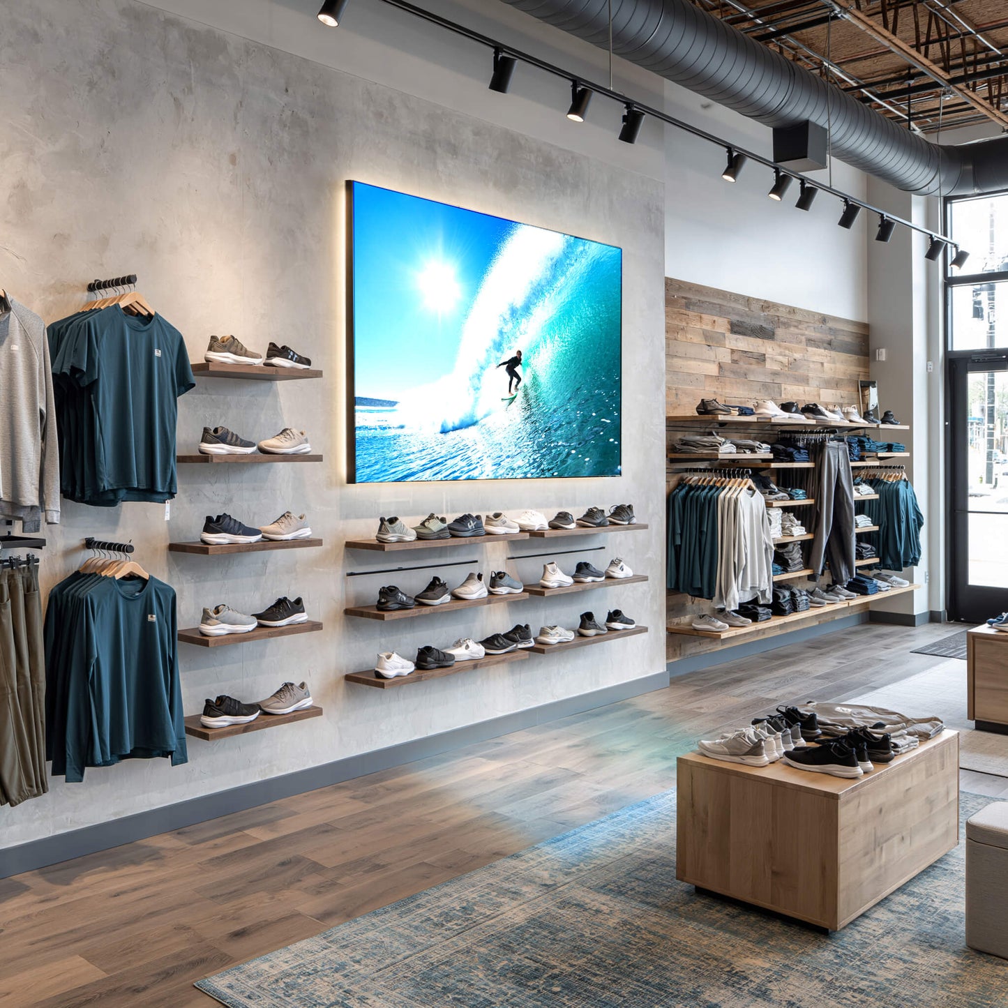 Lummea Core Rahmen mit dynamischem Surfmotiv im modernen Einzelhandel zur emotionalen Markeninszenierung. Hochwertige Präsentationsfläche für Shopfitting und Verkaufsräume