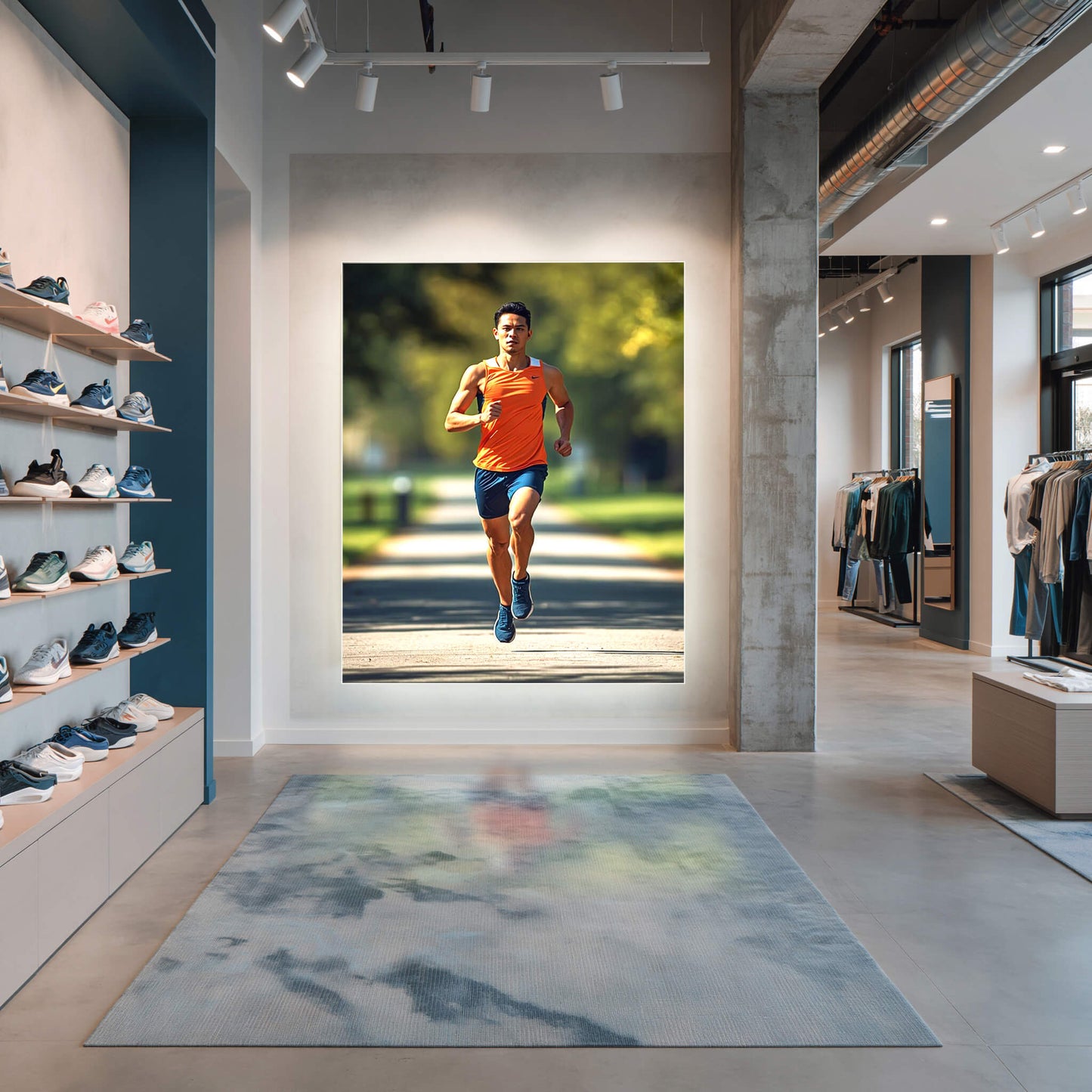 Lummea Core Leuchtrahmen mit dynamischem Laufmotiv im modernen Einzelhandel zur emotionalen Produktinszenierung. Hochwertige Präsentationsfläche für Shopfitting und Verkaufsräume.